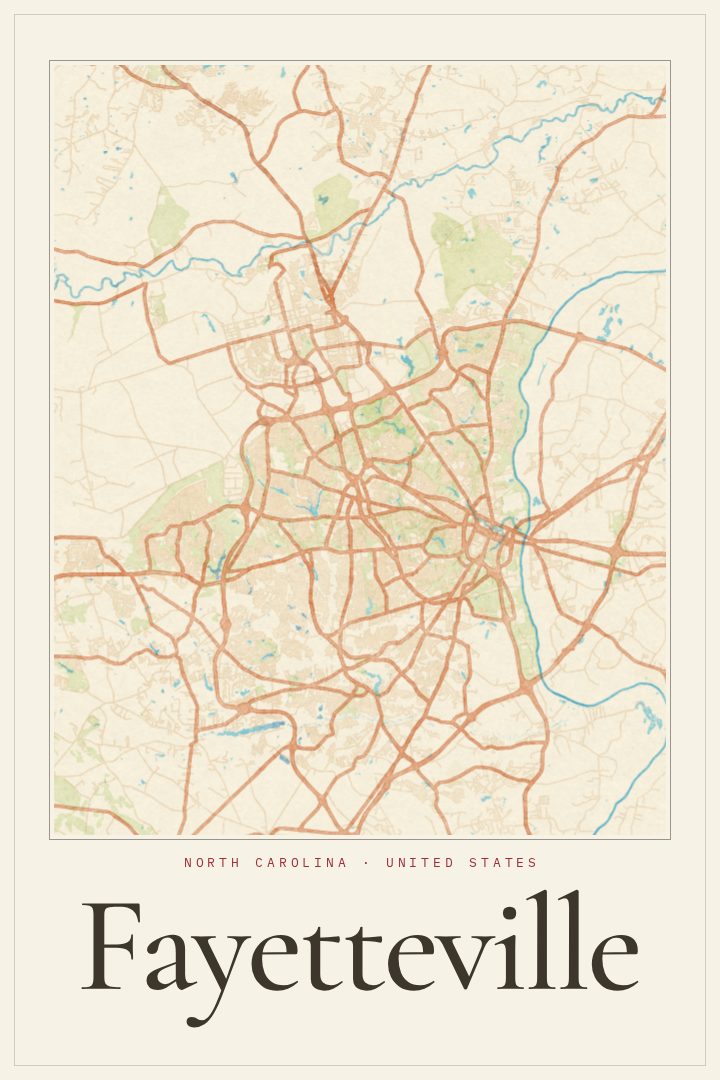 Fayetteville map poster, Watercolor style