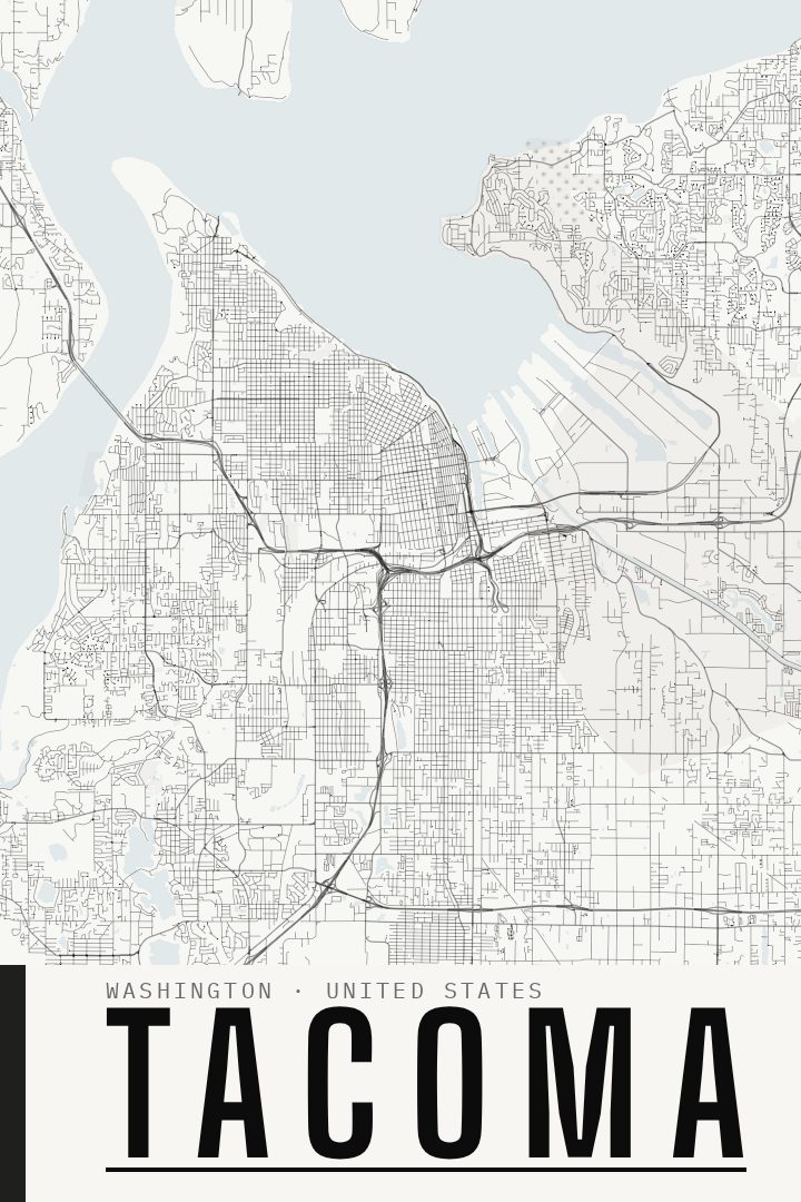 Tacoma map poster, Blackline style