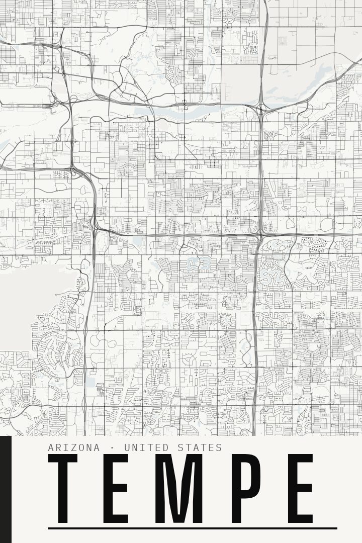 Tempe map poster, Blackline style