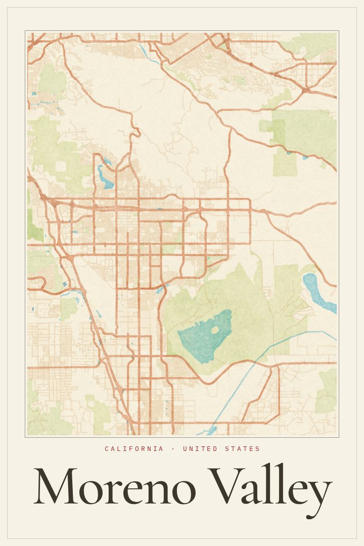 Moreno Valley map poster, Watercolor style