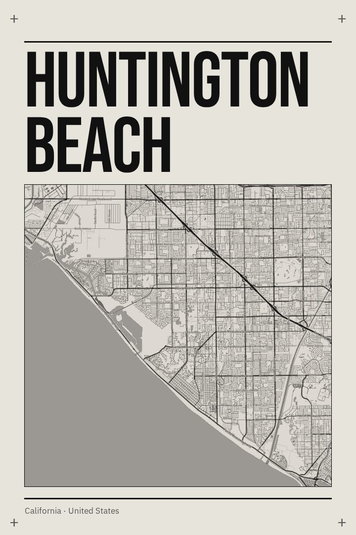 Huntington Beach map poster, Brutalist style