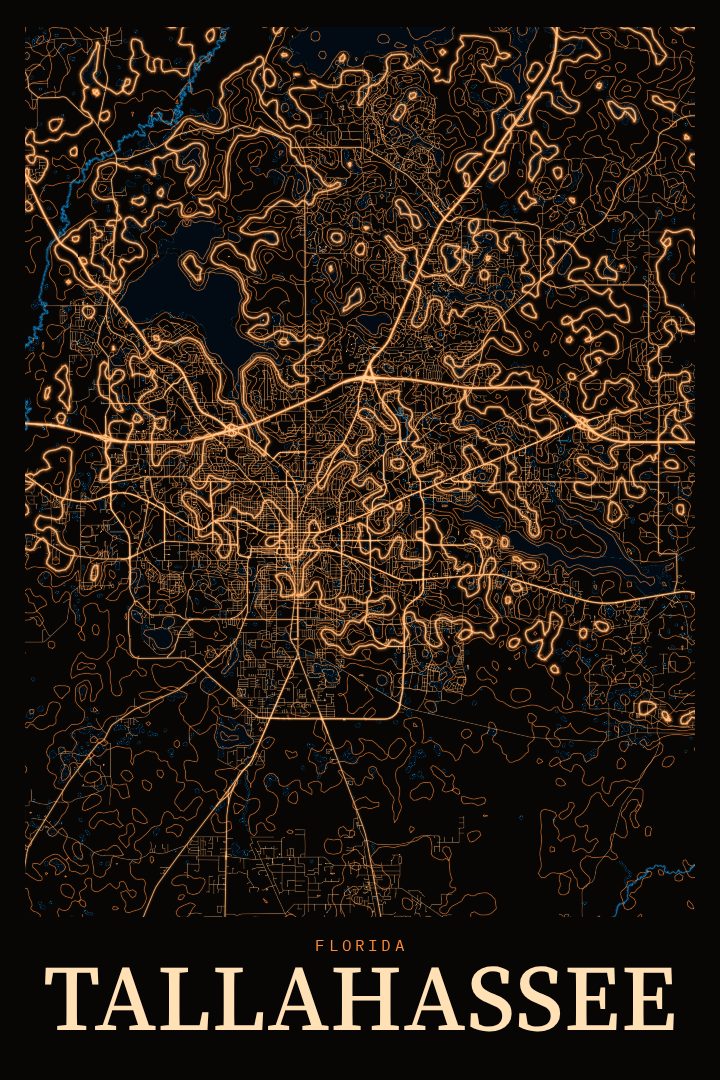 Tallahassee map poster, Neon Night style