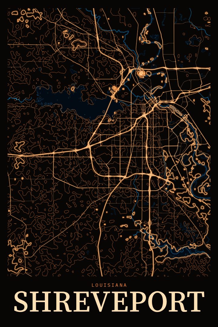 Shreveport map poster, Neon Night style