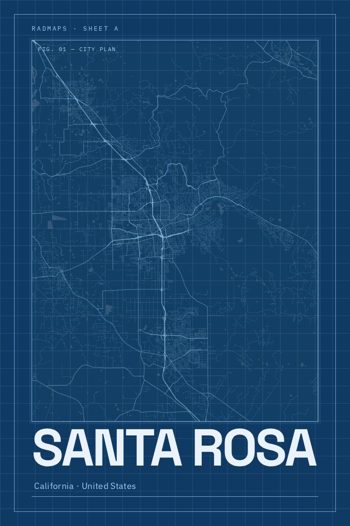 Santa Rosa map poster, Blueprint style