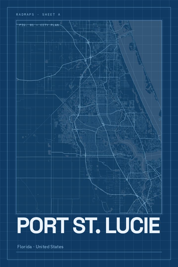Port St. Lucie map poster, Blueprint style