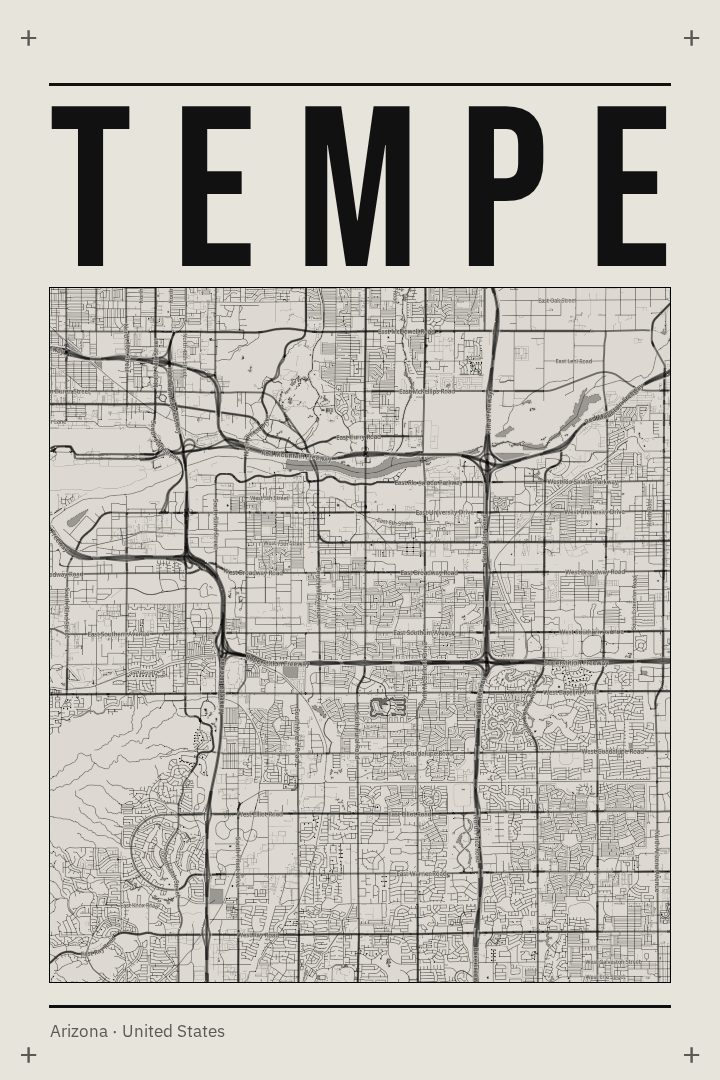 Tempe map poster, Brutalist style