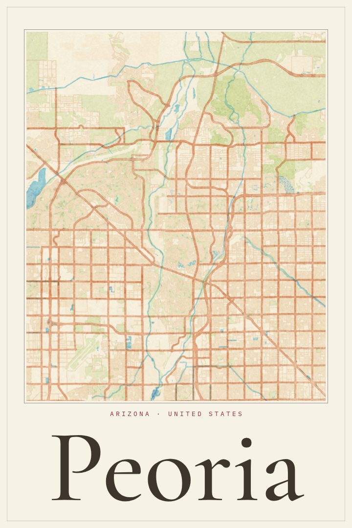 Peoria map poster, Watercolor style