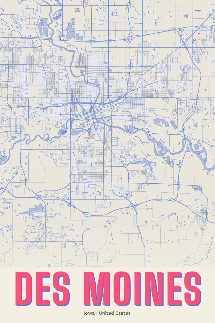 Des Moines map poster, Overprint style