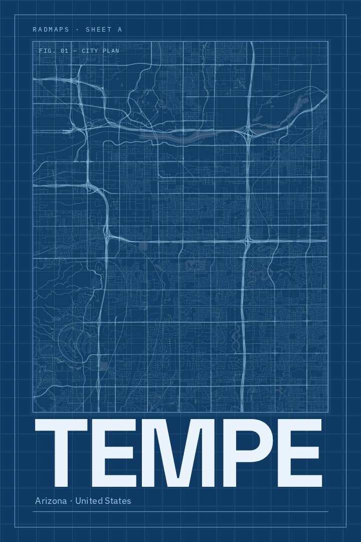 Tempe map poster, Blueprint style