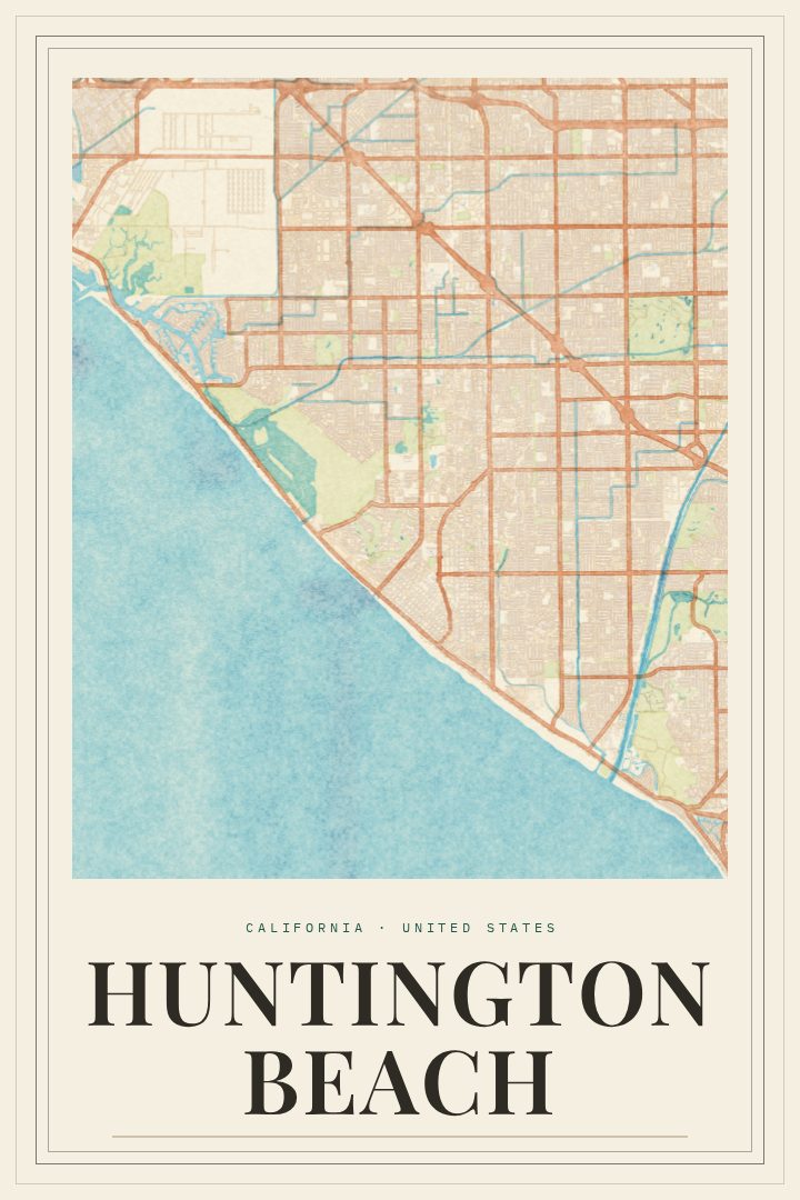 Huntington Beach map poster, Painted Survey style