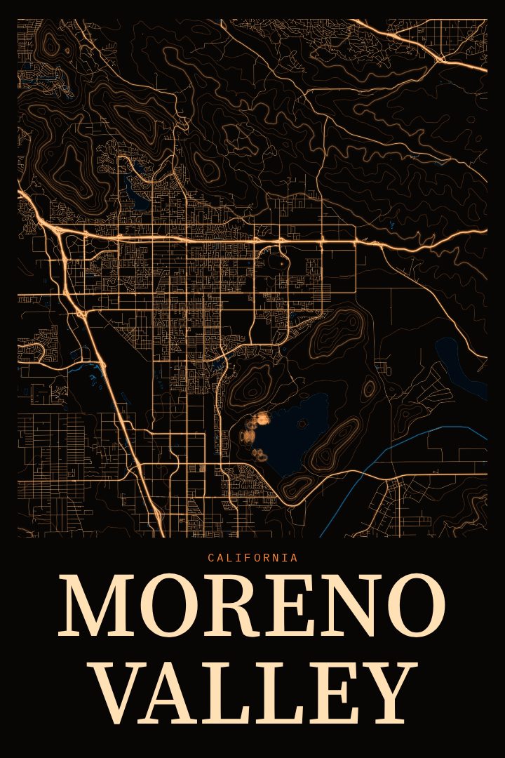 Moreno Valley map poster, Neon Night style