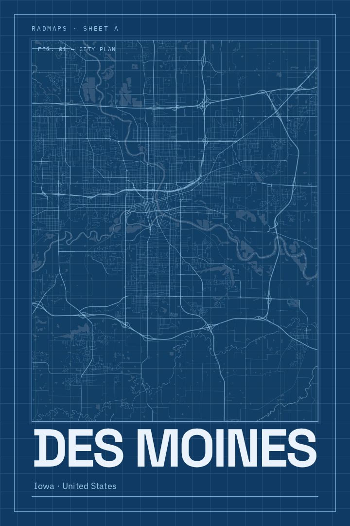 Des Moines map poster, Blueprint style