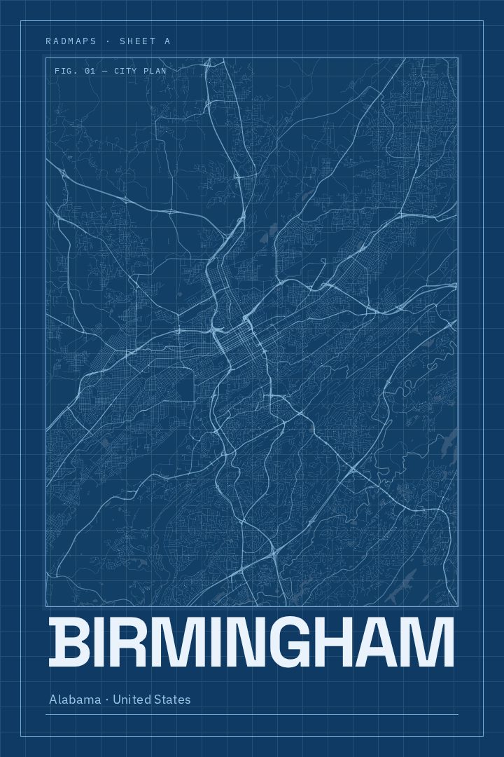 Birmingham map poster, Blueprint style