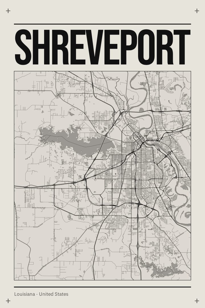 Shreveport map poster, Brutalist style