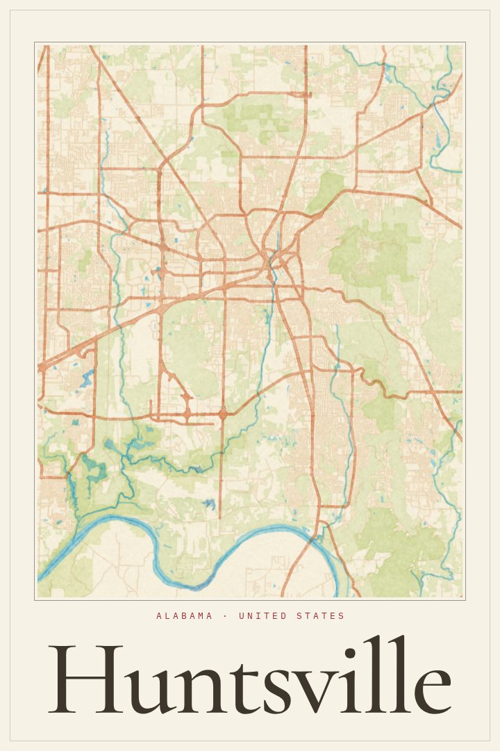 Huntsville map poster, Watercolor style