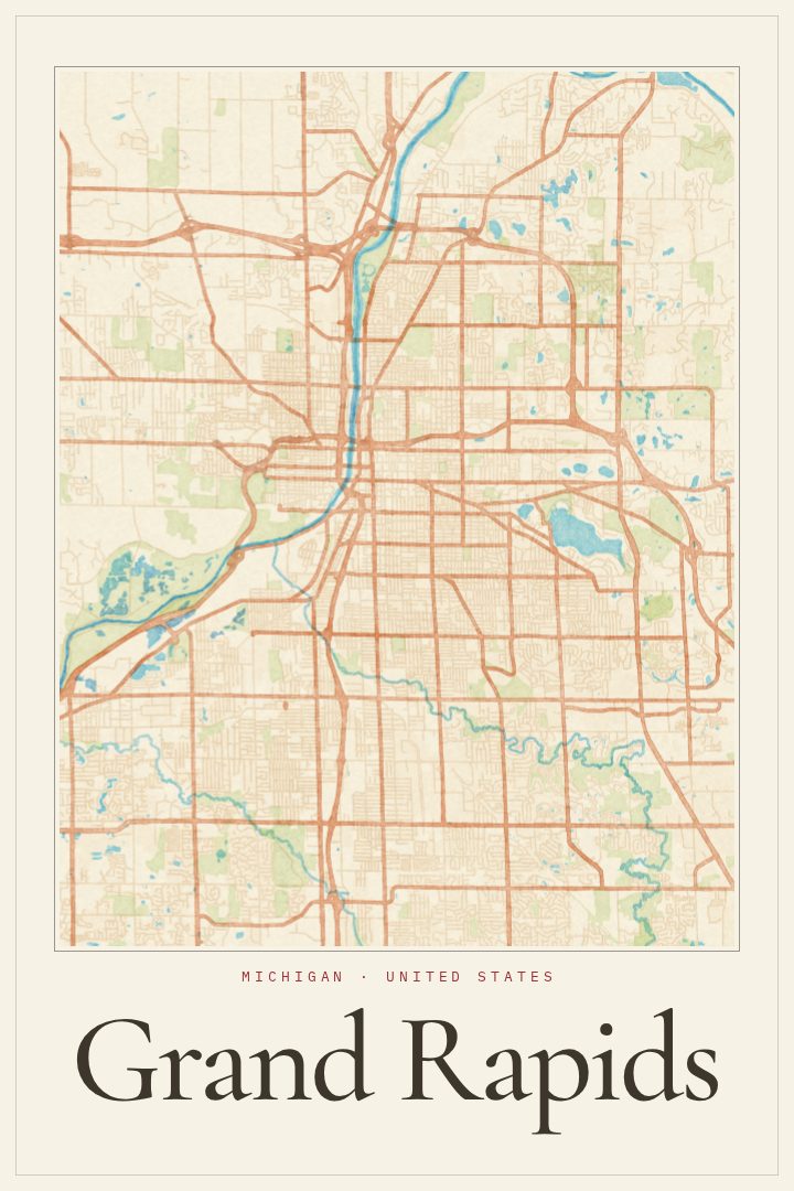 Grand Rapids map poster, Watercolor style