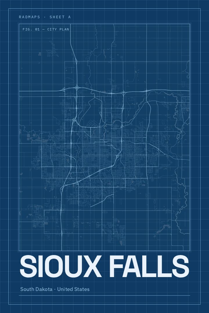 Sioux Falls map poster, Blueprint style