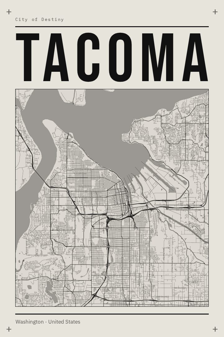 Tacoma map poster, Brutalist style