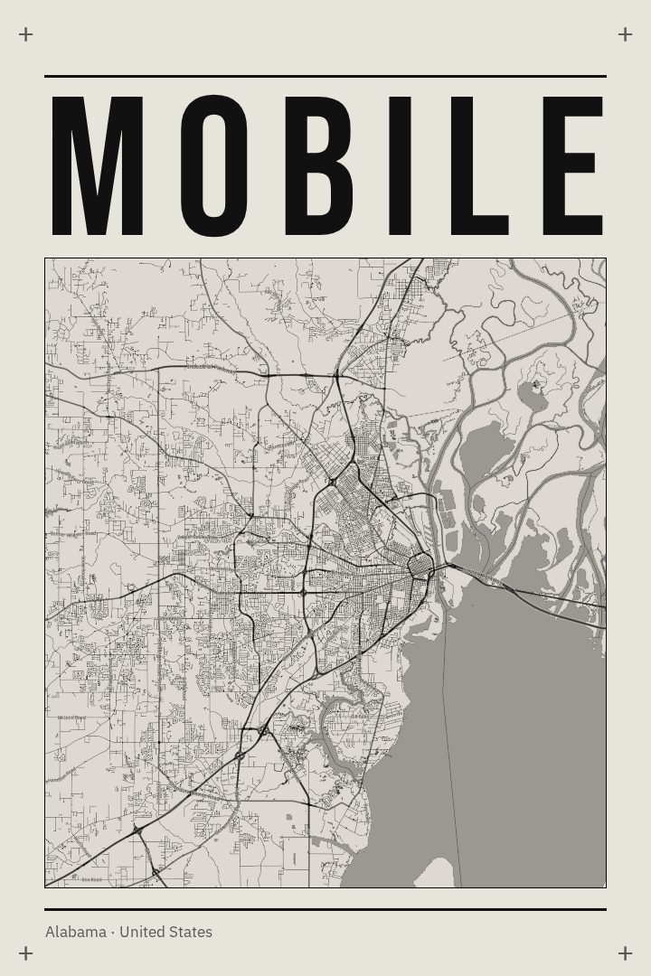 Mobile map poster, Brutalist style