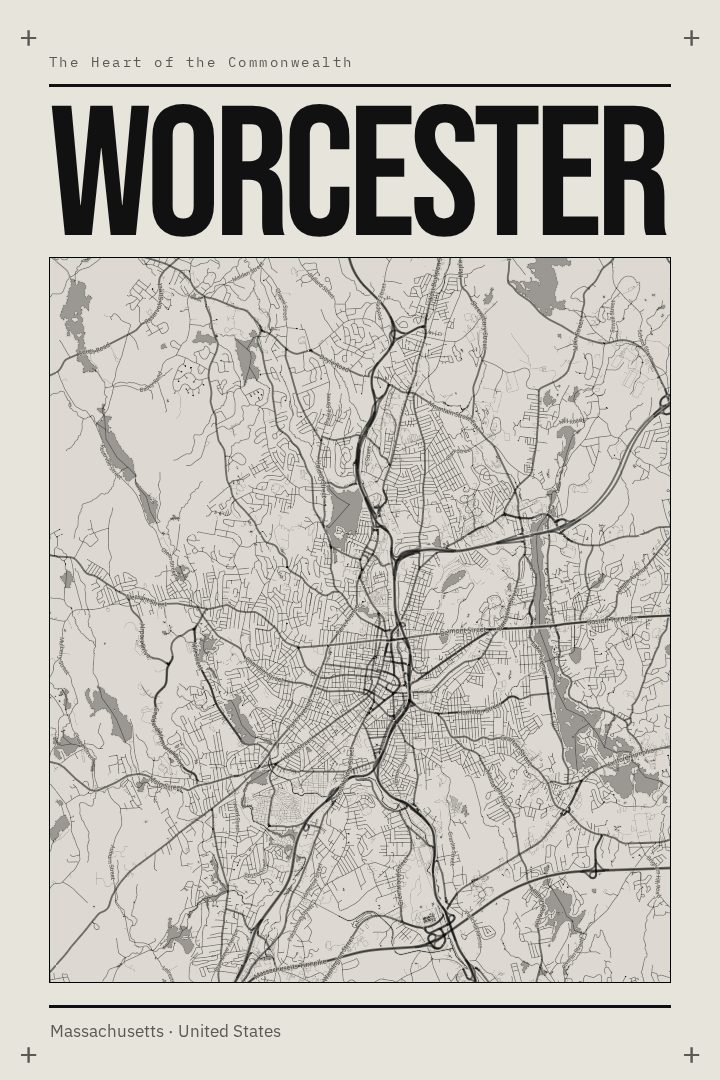 Worcester map poster, Brutalist style