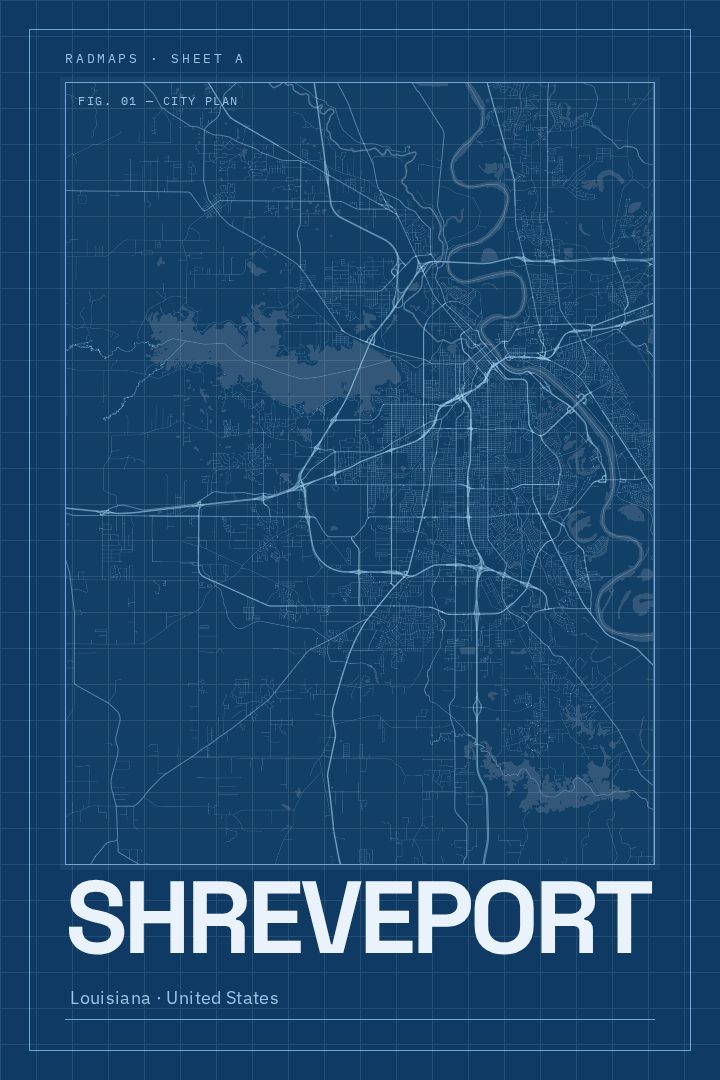 Shreveport map poster, Blueprint style