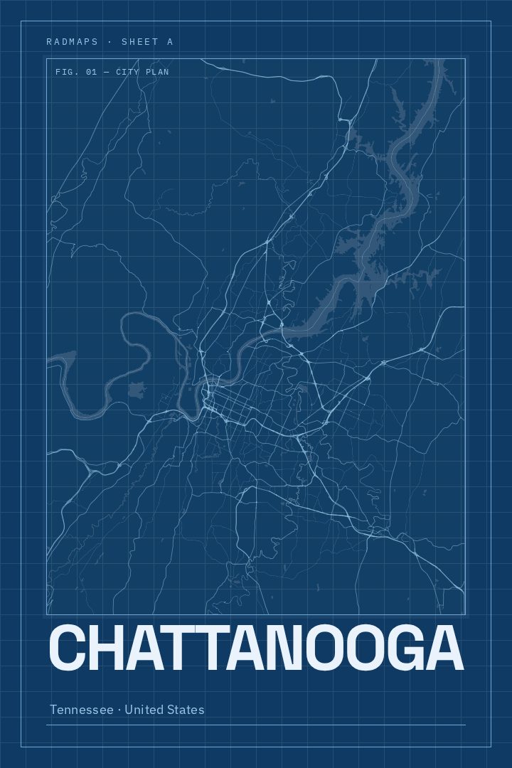 Chattanooga map poster, Blueprint style