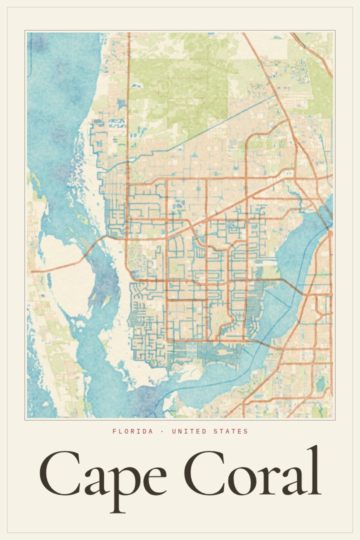 Cape Coral map poster, Watercolor style