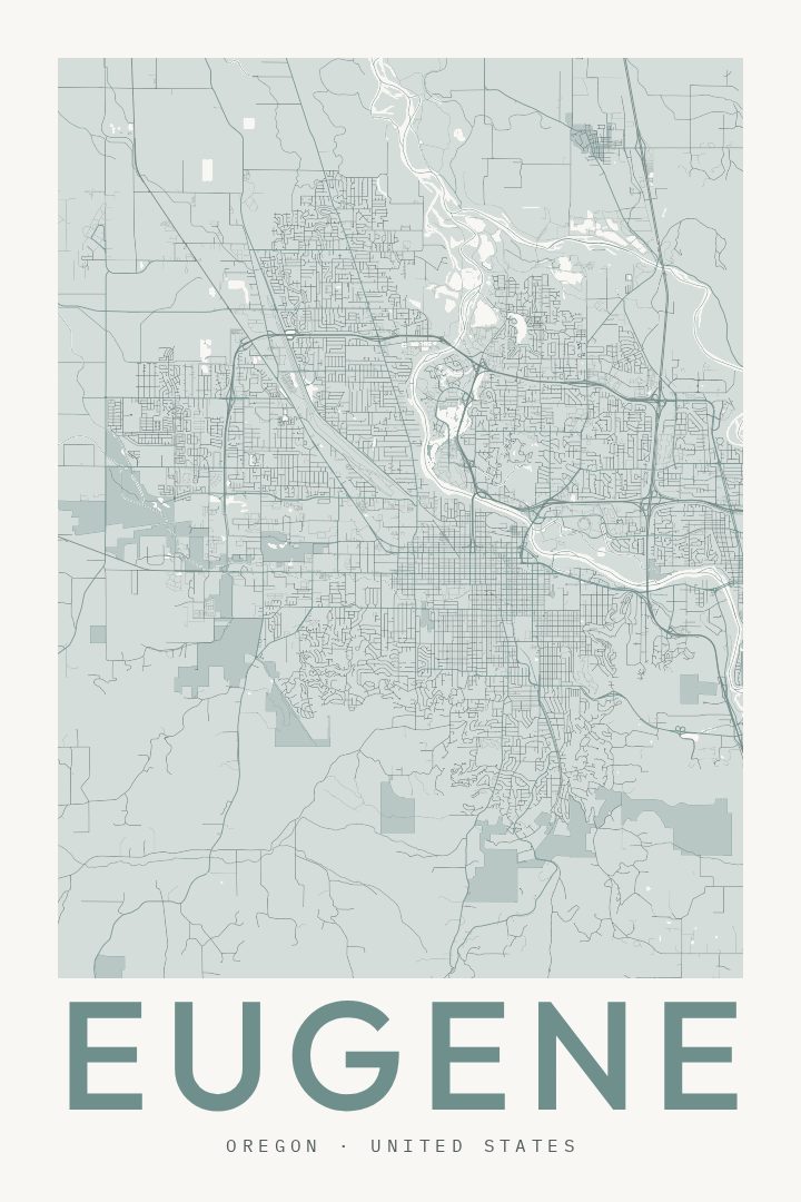 Eugene city map poster for Oregon