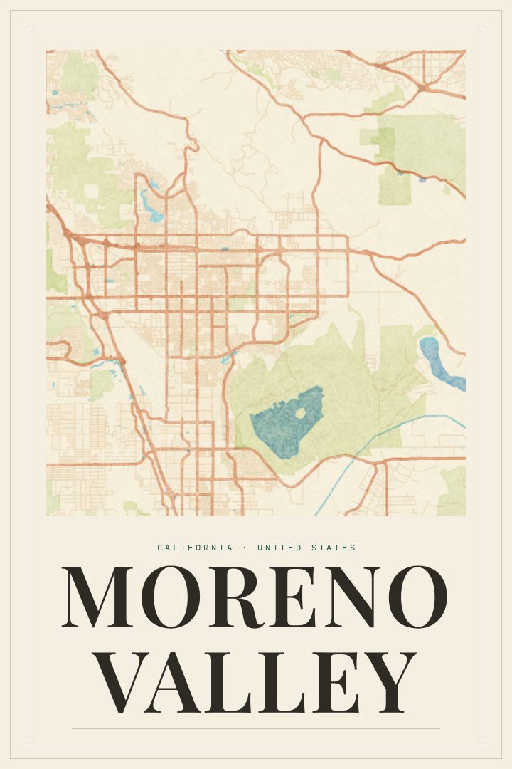 Moreno Valley map poster, Painted Survey style