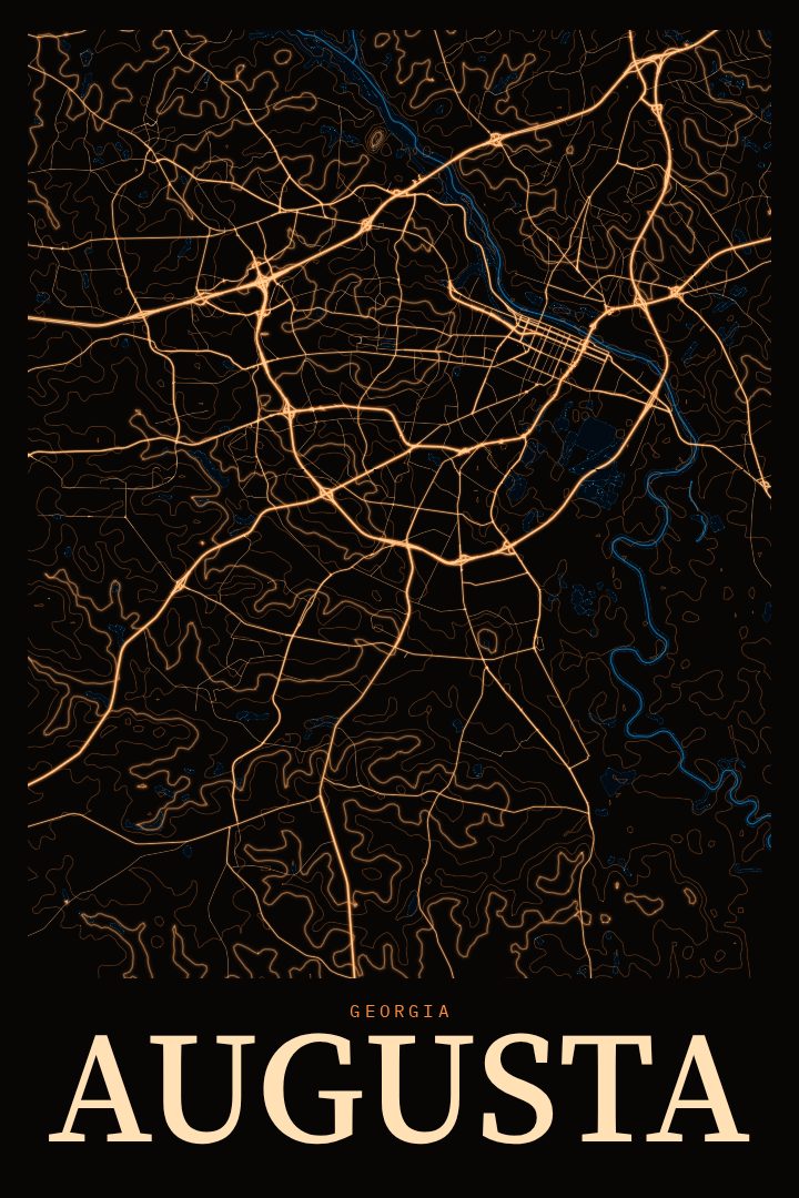 Augusta map poster, Neon Night style
