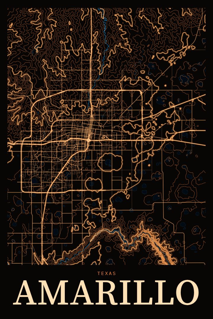 Amarillo map poster, Neon Night style