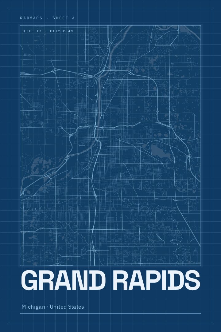 Grand Rapids map poster, Blueprint style