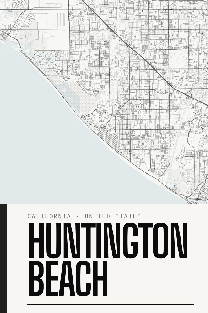 Huntington Beach map poster, Blackline style