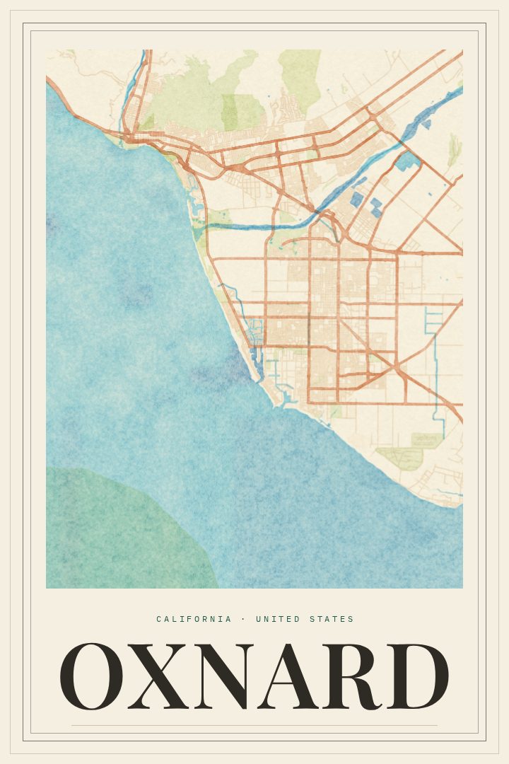 Oxnard map poster, Painted Survey style