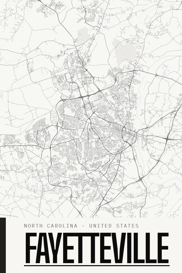 Fayetteville map poster, Blackline style