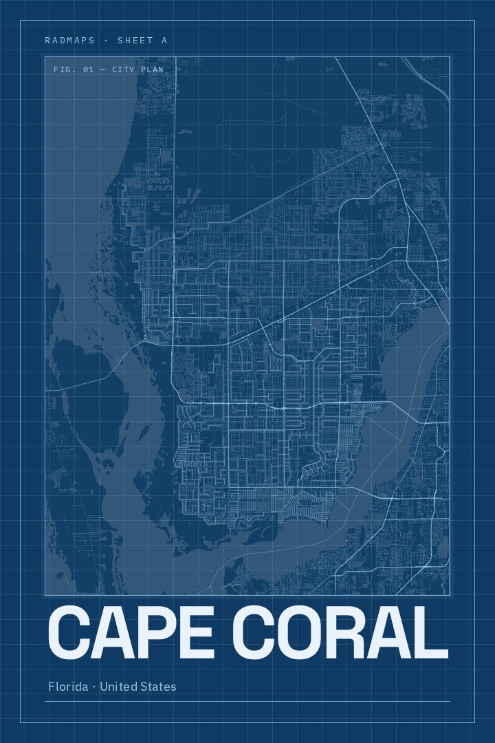 Cape Coral map poster, Blueprint style