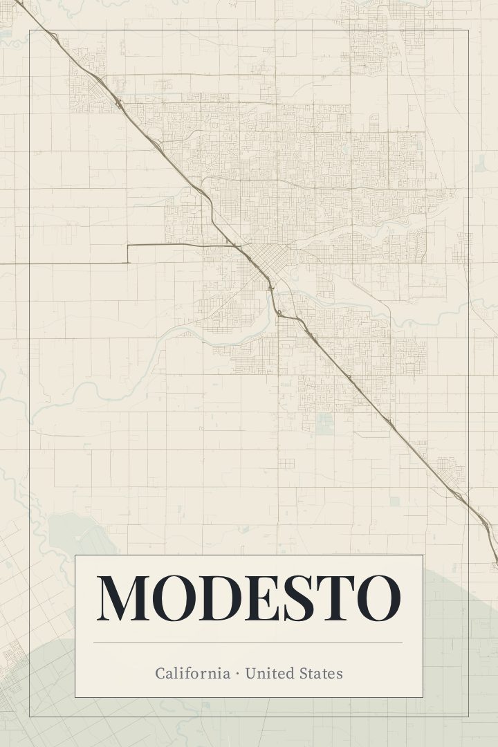 Modesto map poster, Cartouche style