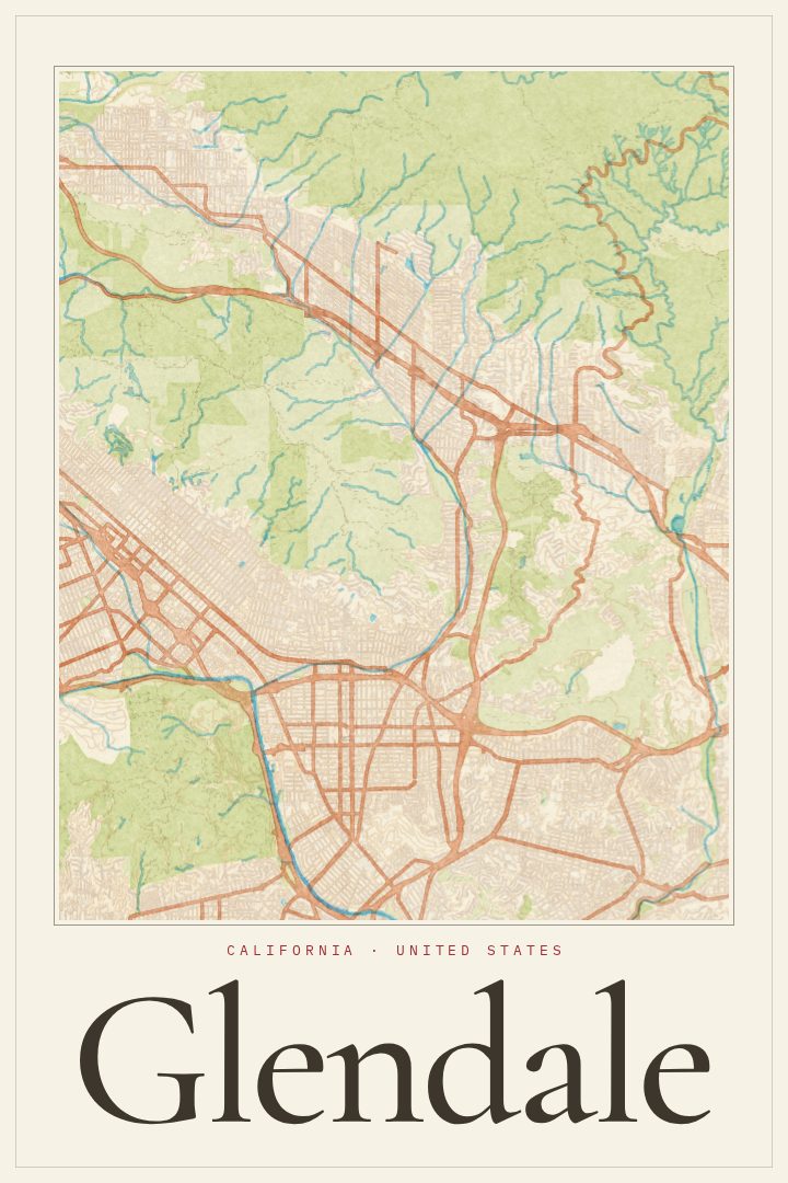 Glendale map poster, Watercolor style