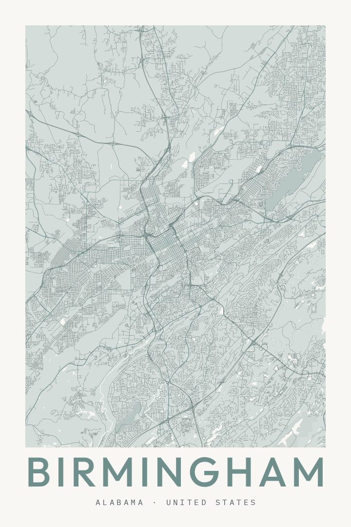 Birmingham city map poster for Alabama