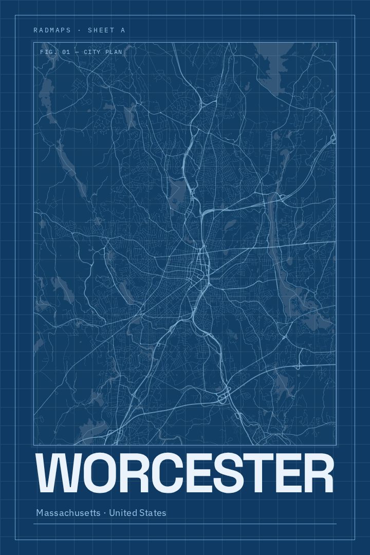 Worcester map poster, Blueprint style