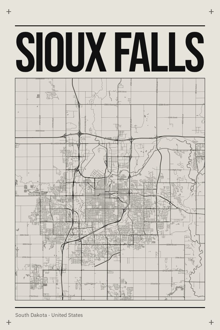 Sioux Falls map poster, Brutalist style