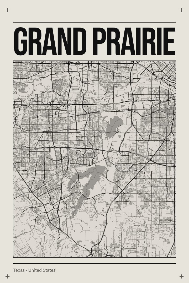 Grand Prairie map poster, Brutalist style