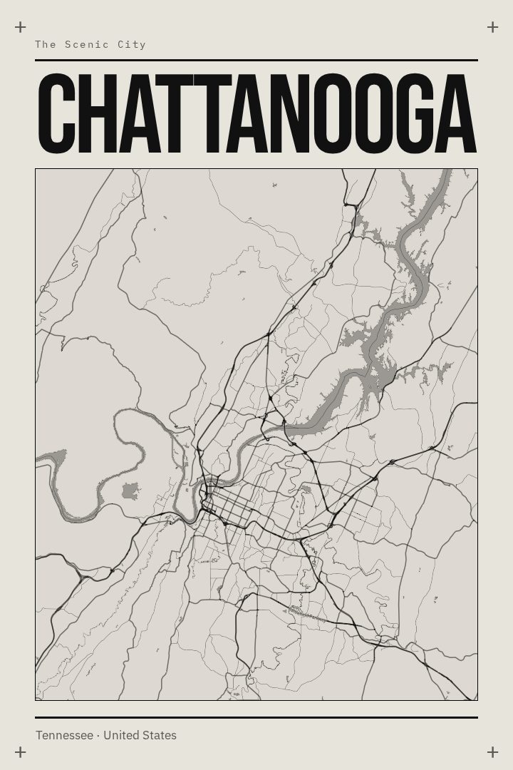 Chattanooga map poster, Brutalist style