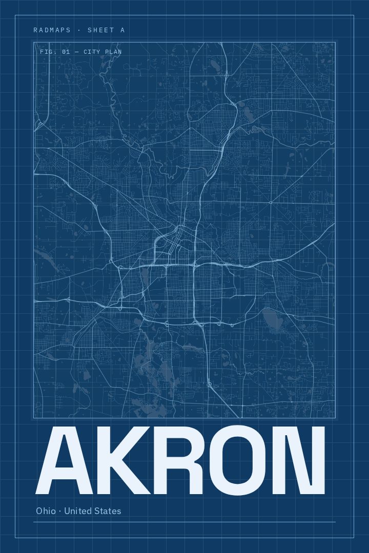 Akron map poster, Blueprint style
