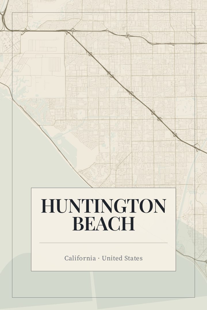 Huntington Beach map poster, Cartouche style