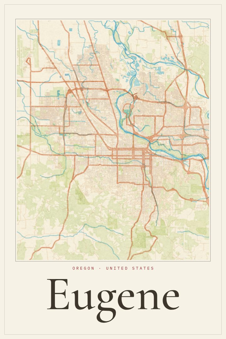 Eugene map poster, Watercolor style