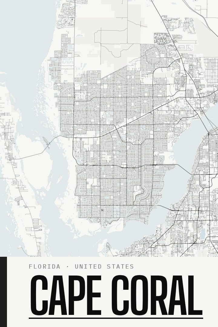 Cape Coral map poster, Blackline style