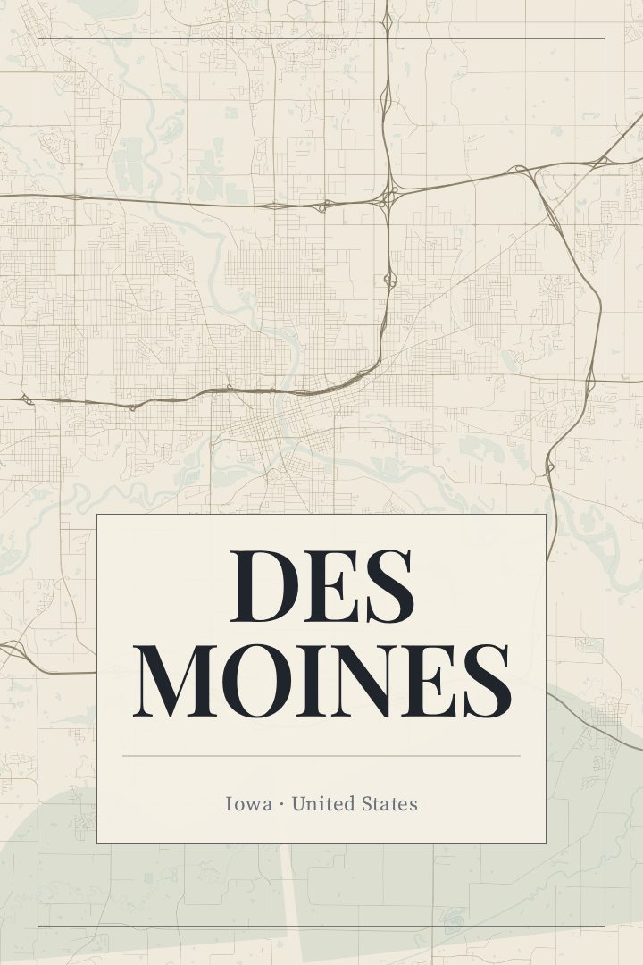 Des Moines map poster, Cartouche style