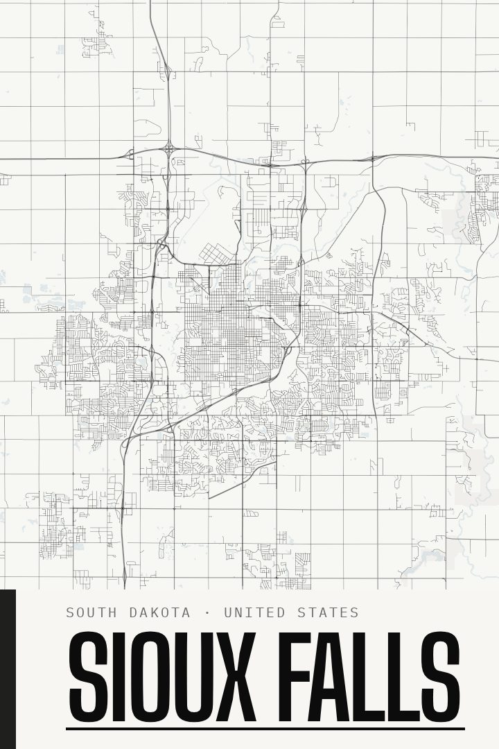 Sioux Falls map poster, Blackline style