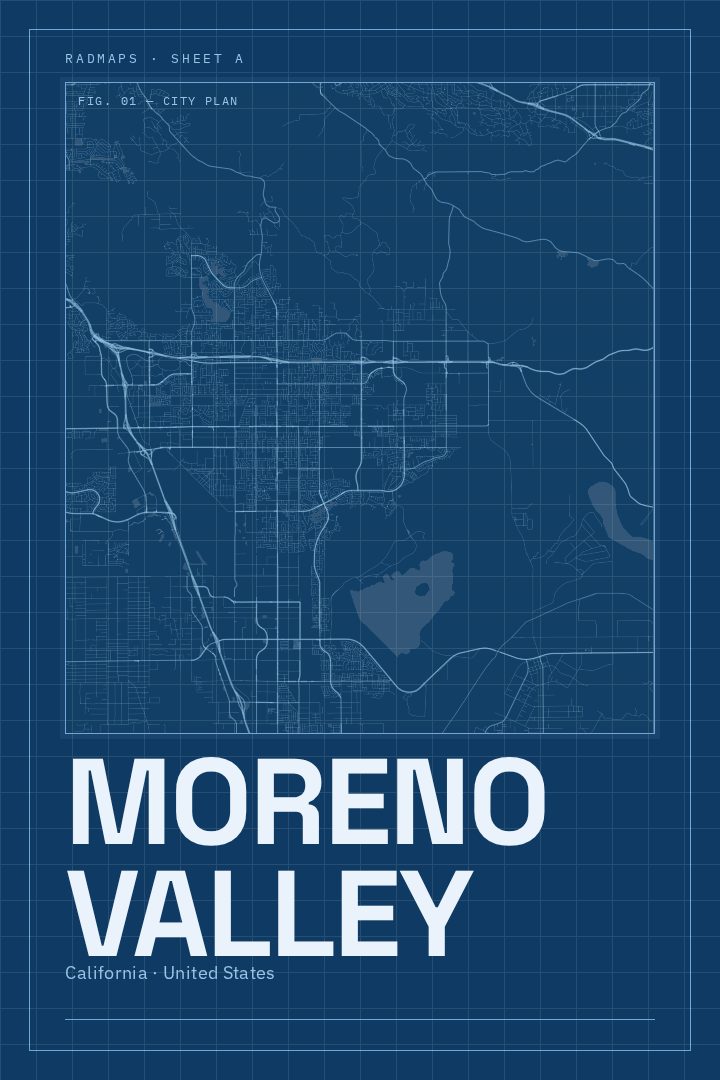 Moreno Valley map poster, Blueprint style
